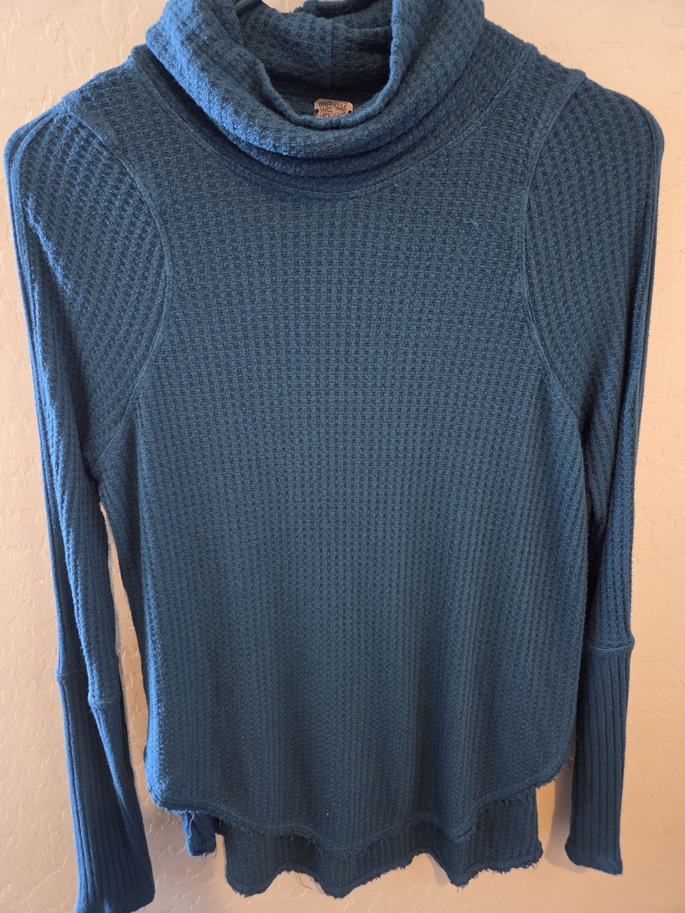 We The Free Free People Teal Waffle Knit Cowl Neck Sweater - Picture 2 of 3